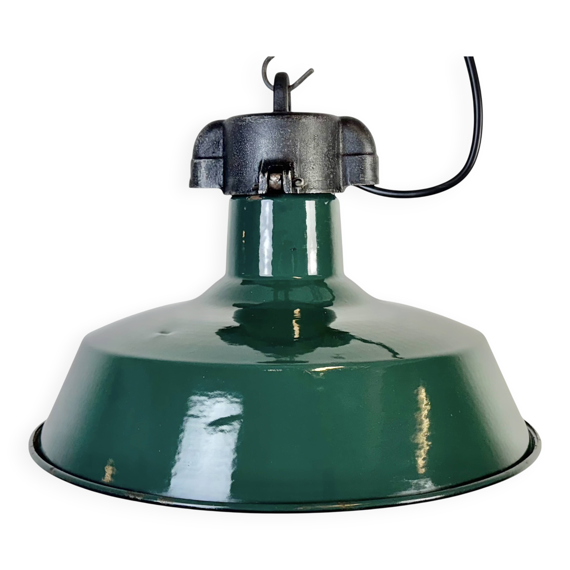 Industrial French Dark Green Enamel Factory Pendant Lamp, 1960s