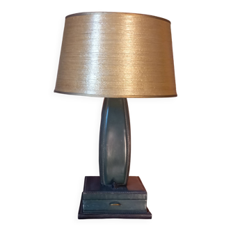 Vintage leather desk lamp with saddle stitching from the 1960s.