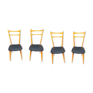 Ensemble de 4 chaises bois et skaï noir, 1960