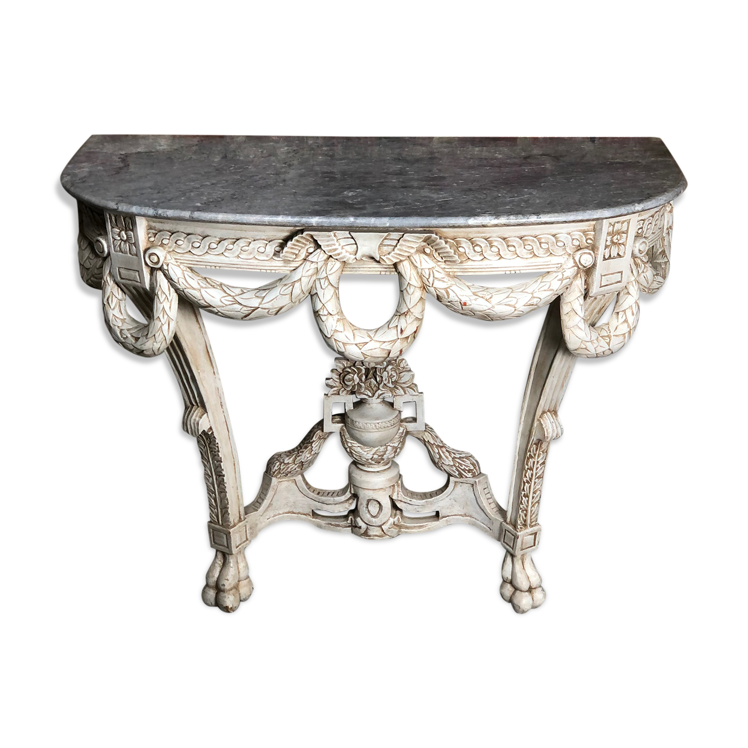Louis XVI style console in carved wood beige patinated above gray marble