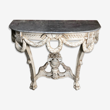 Console de style Louis XVI en bois sculpté beige patiné dessus marbre gris