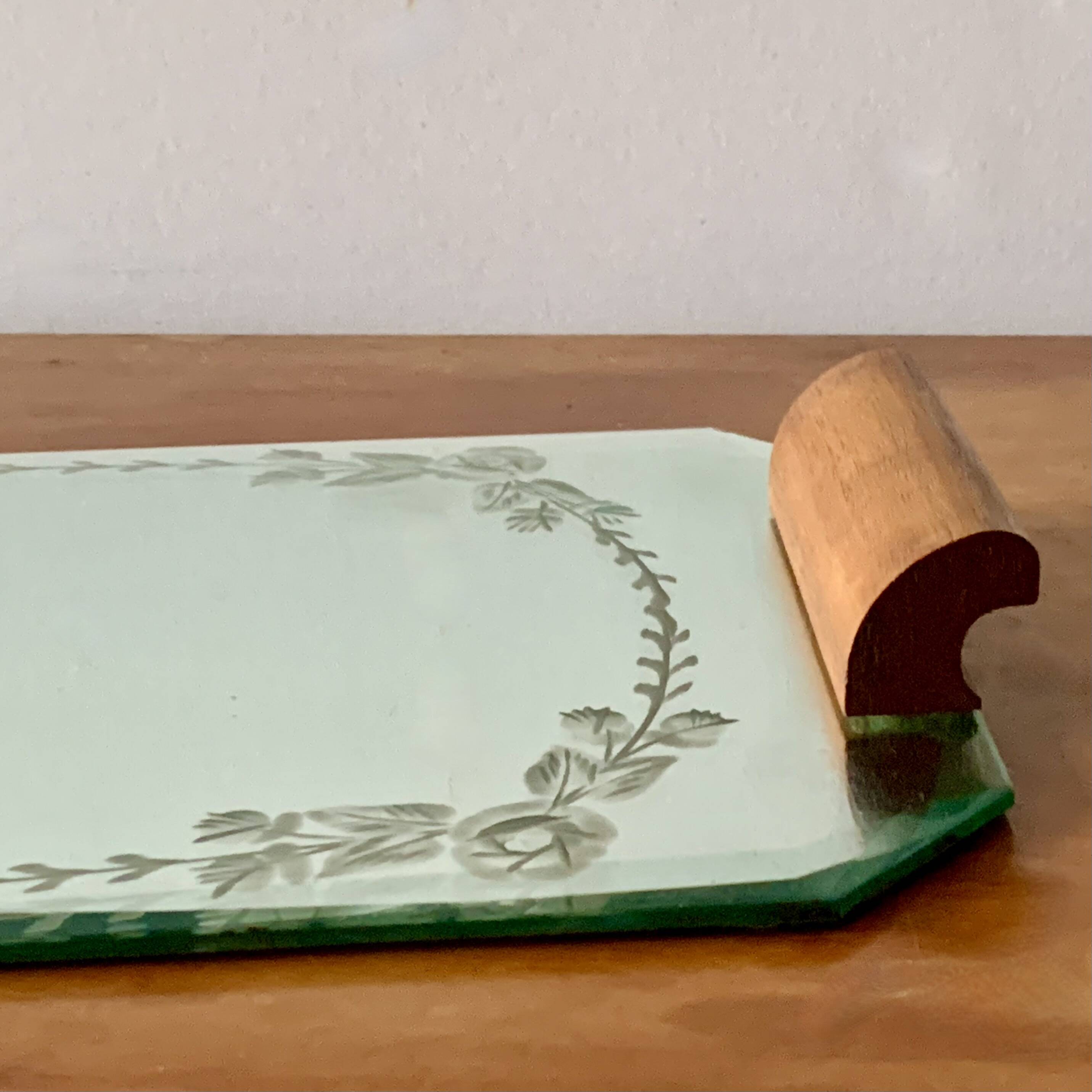 Art Deco mirrored tray with wooden handles
