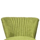 Pair of forest green cocktail chairs in fabric and wood, 1950s, ribbed shell backrest.