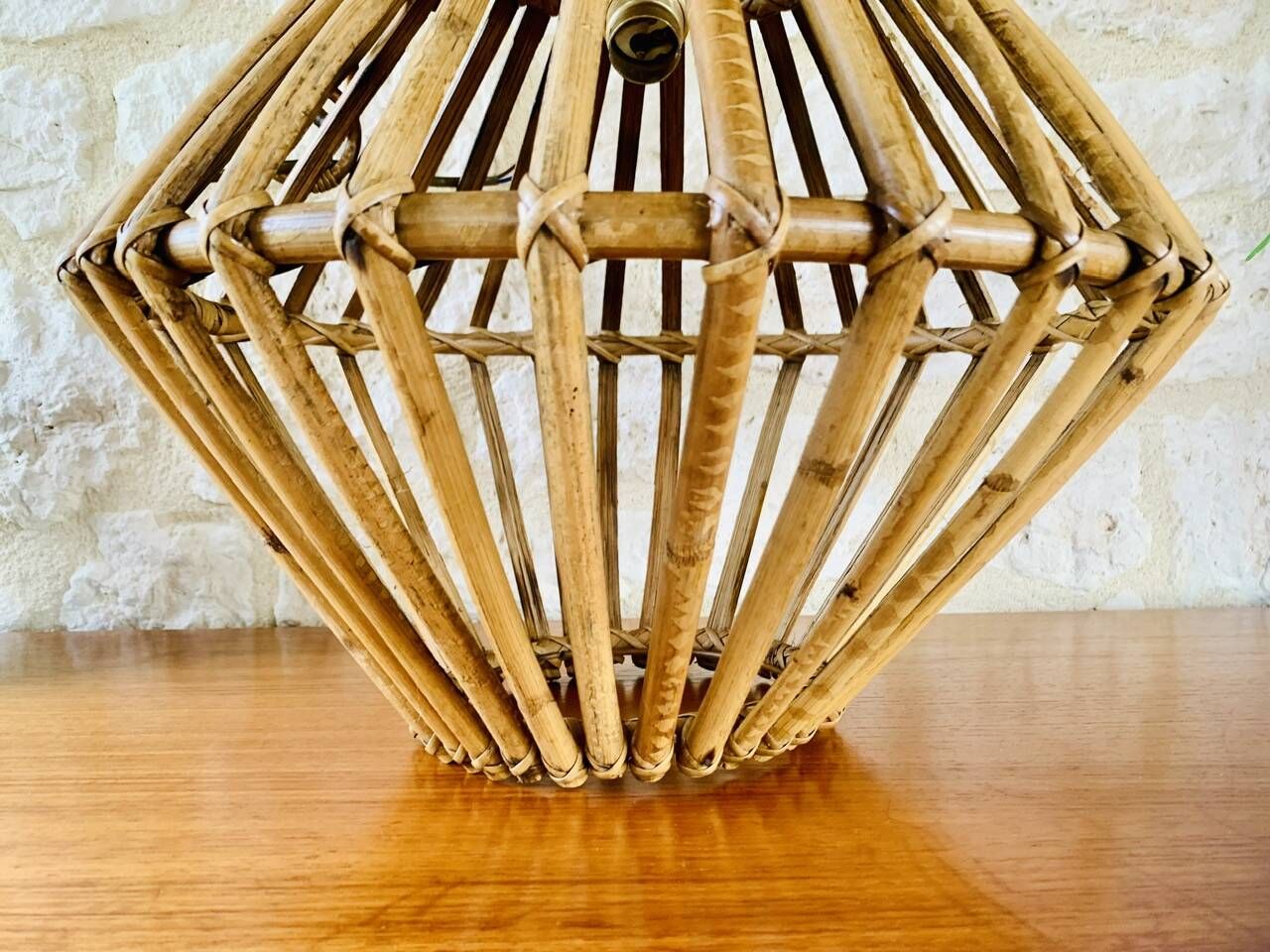 Large vintage pendant light in bamboo and rattan, circa 1960's