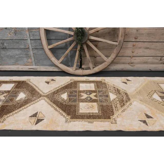1970s Vintage Turkish Hand-Knotted Wool Cotton Beige Runner Rug 90x391