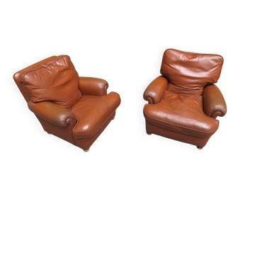 Fauteuil Bergère en cuir marron Poltrona Frau, années 1960, ensemble de 2