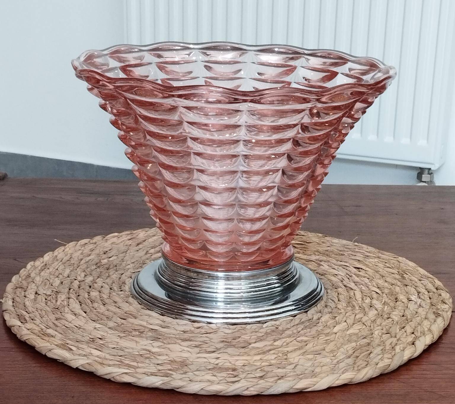 Art Deco cornucopia vase, centrepiece, bowl - blown glass & chrome 1930