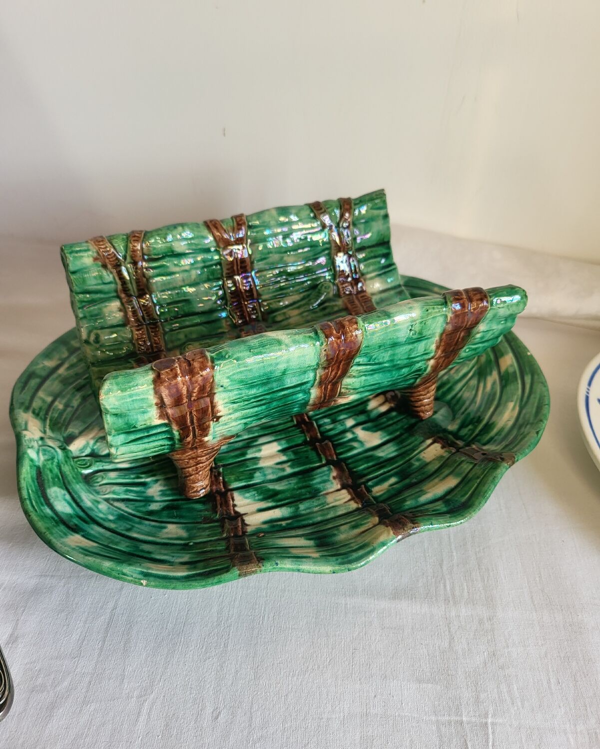 Dish and Asparagus Drainer in Green Barbotine Earthenware