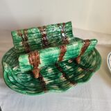 Dish and Asparagus Drainer in Green Barbotine Earthenware