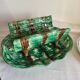 Dish and Asparagus Drainer in Green Barbotine Earthenware