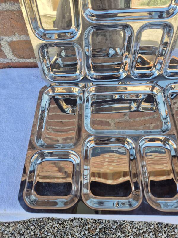 Pair of flat stainless steel serving trays