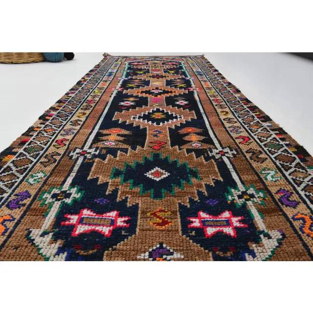 1970s Vintage Turkish Oushak Handmade Wool Cotton Brown Runner Rug 96x301