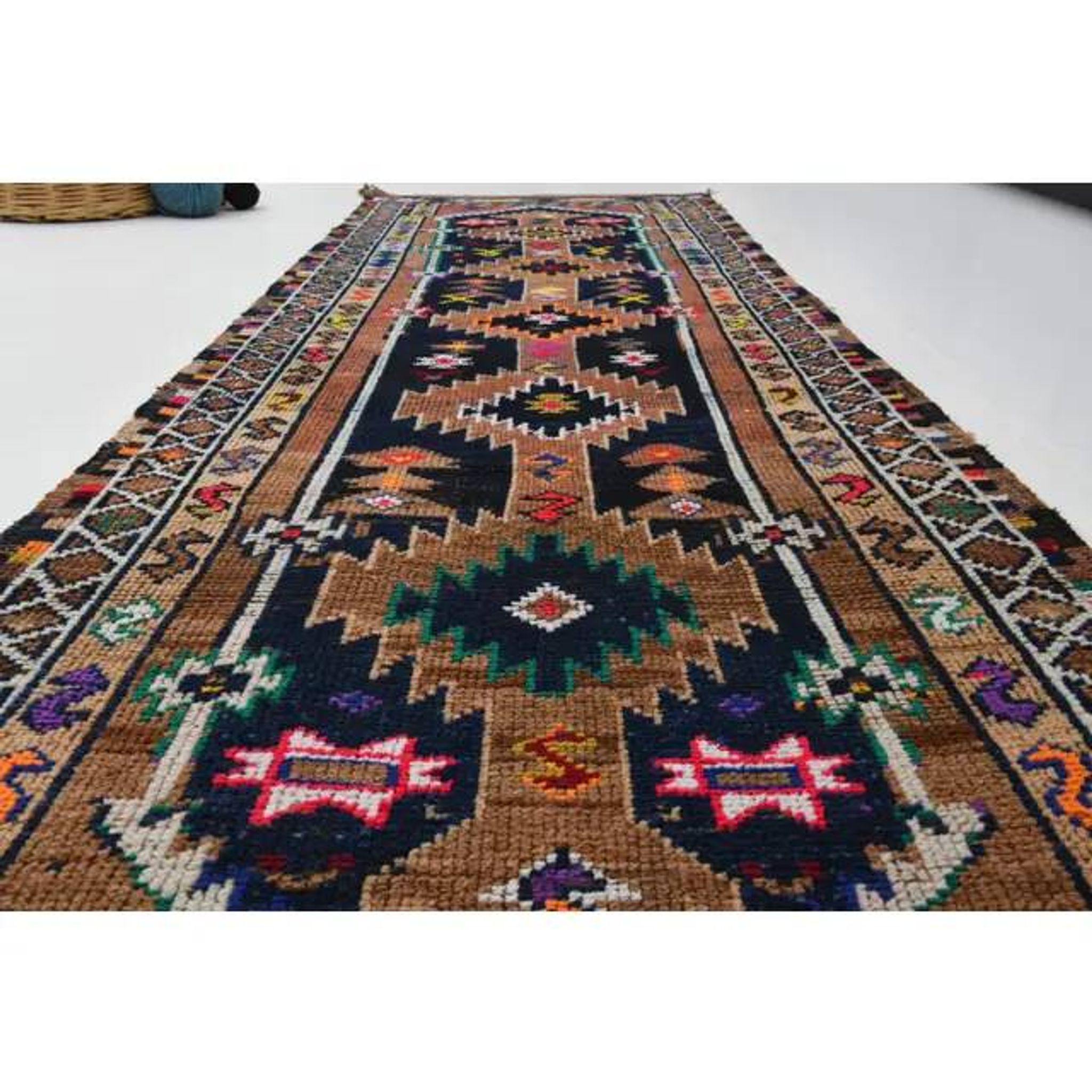 1970s Vintage Turkish Oushak Handmade Wool Cotton Brown Runner Rug 96x301