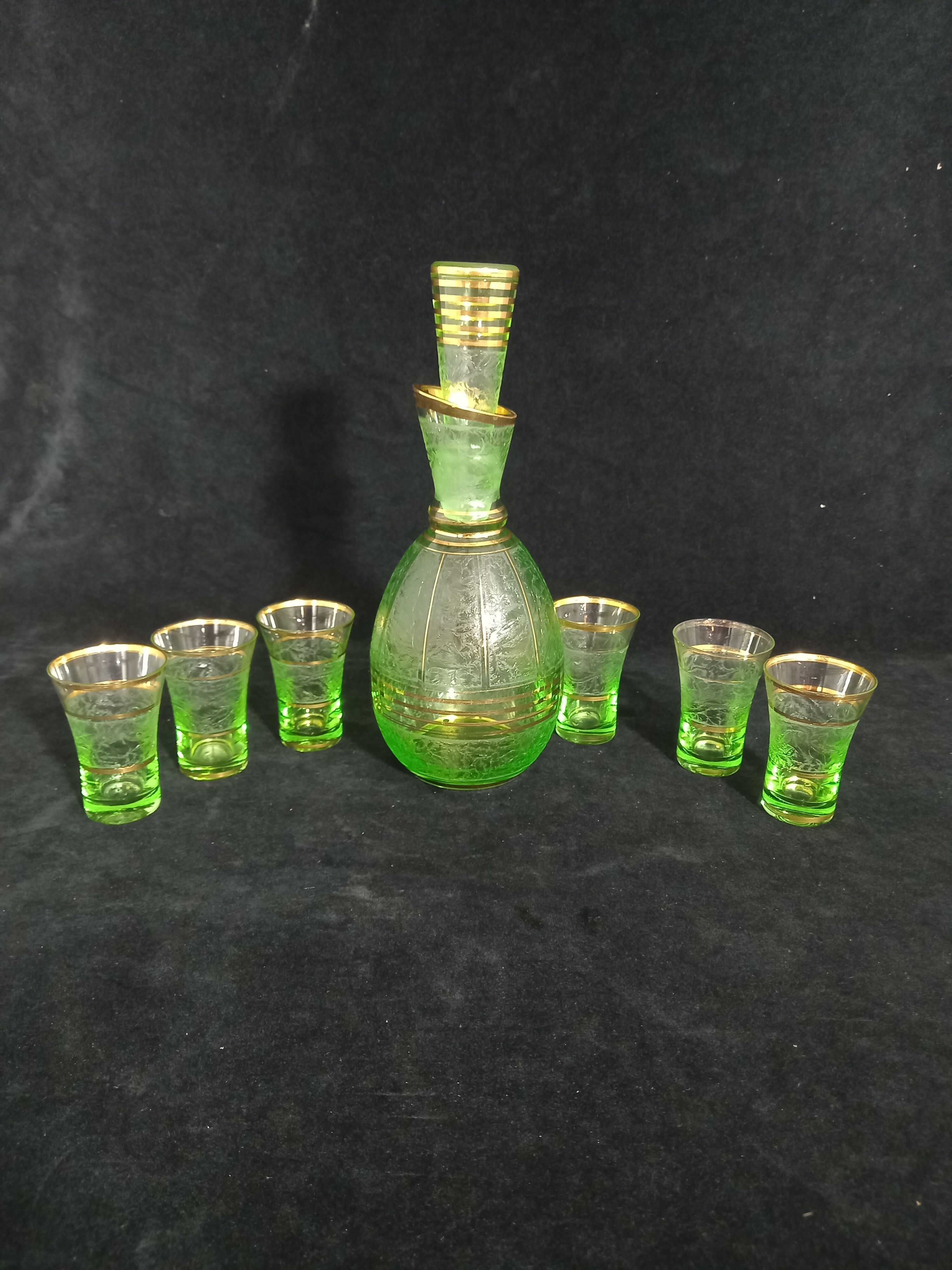 Art deco liqueur service in light green frosted glass