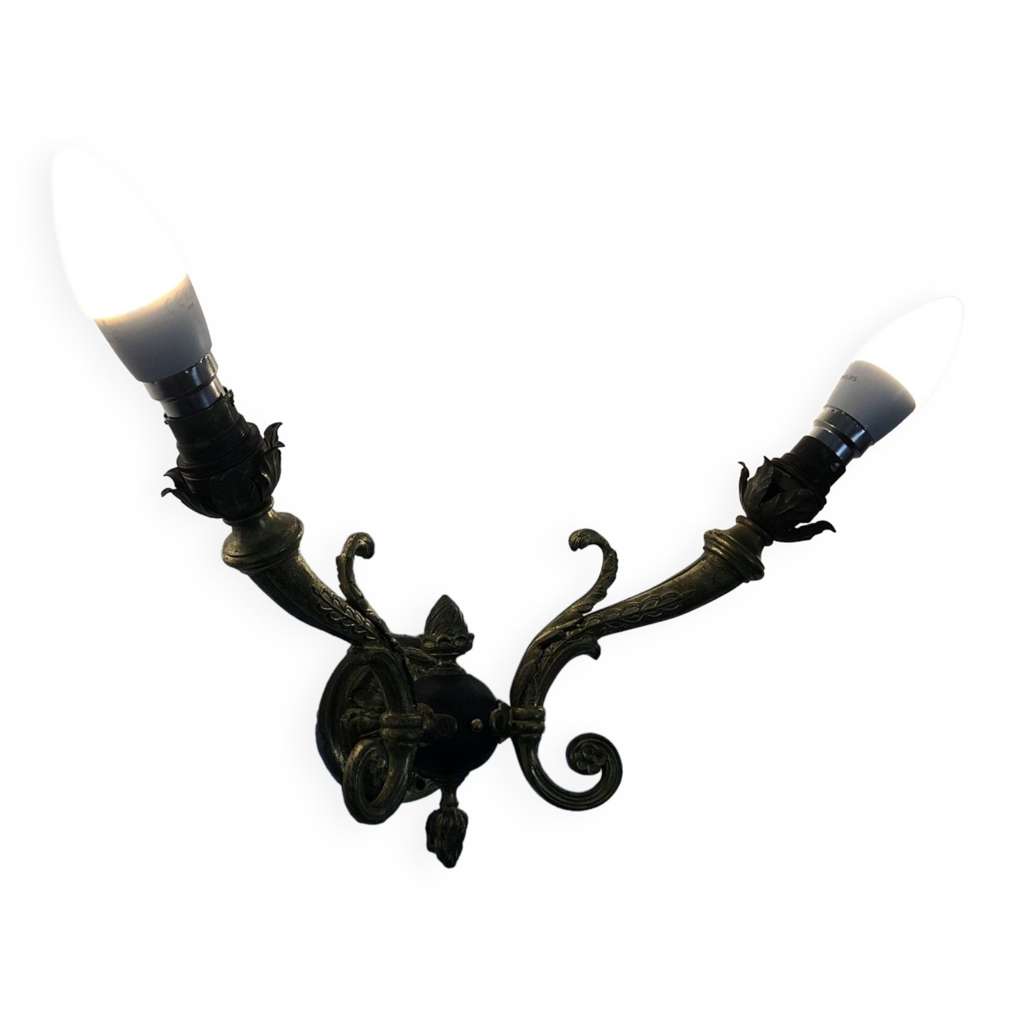 Pair of double-light Empire style wall lights in bronze