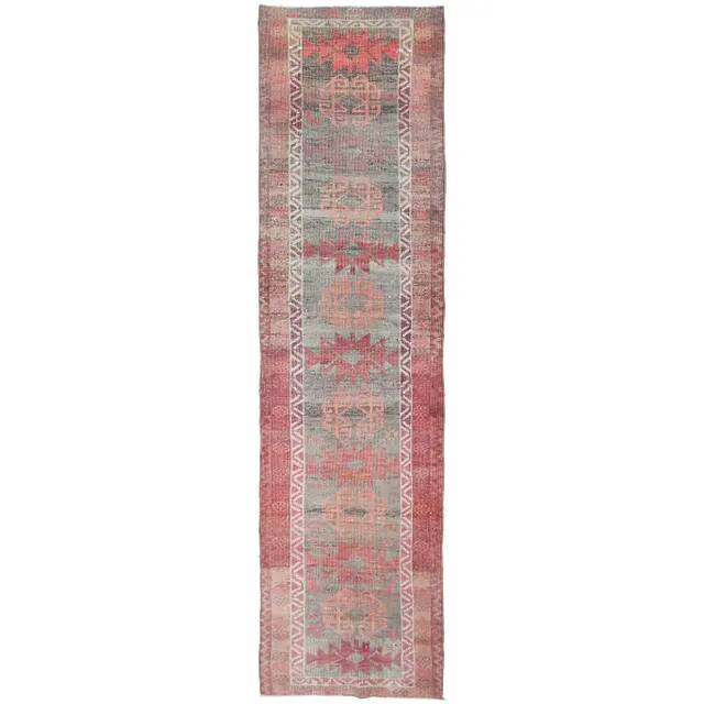 1970s vintage Turkish hand-knotted wool cotton red runner rug 91x354