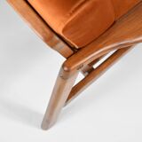 Fauteuil scandinave d'origine restauré, années 60, rouille, velours