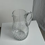 Glass carafe with handle with etched geometric grid pattern