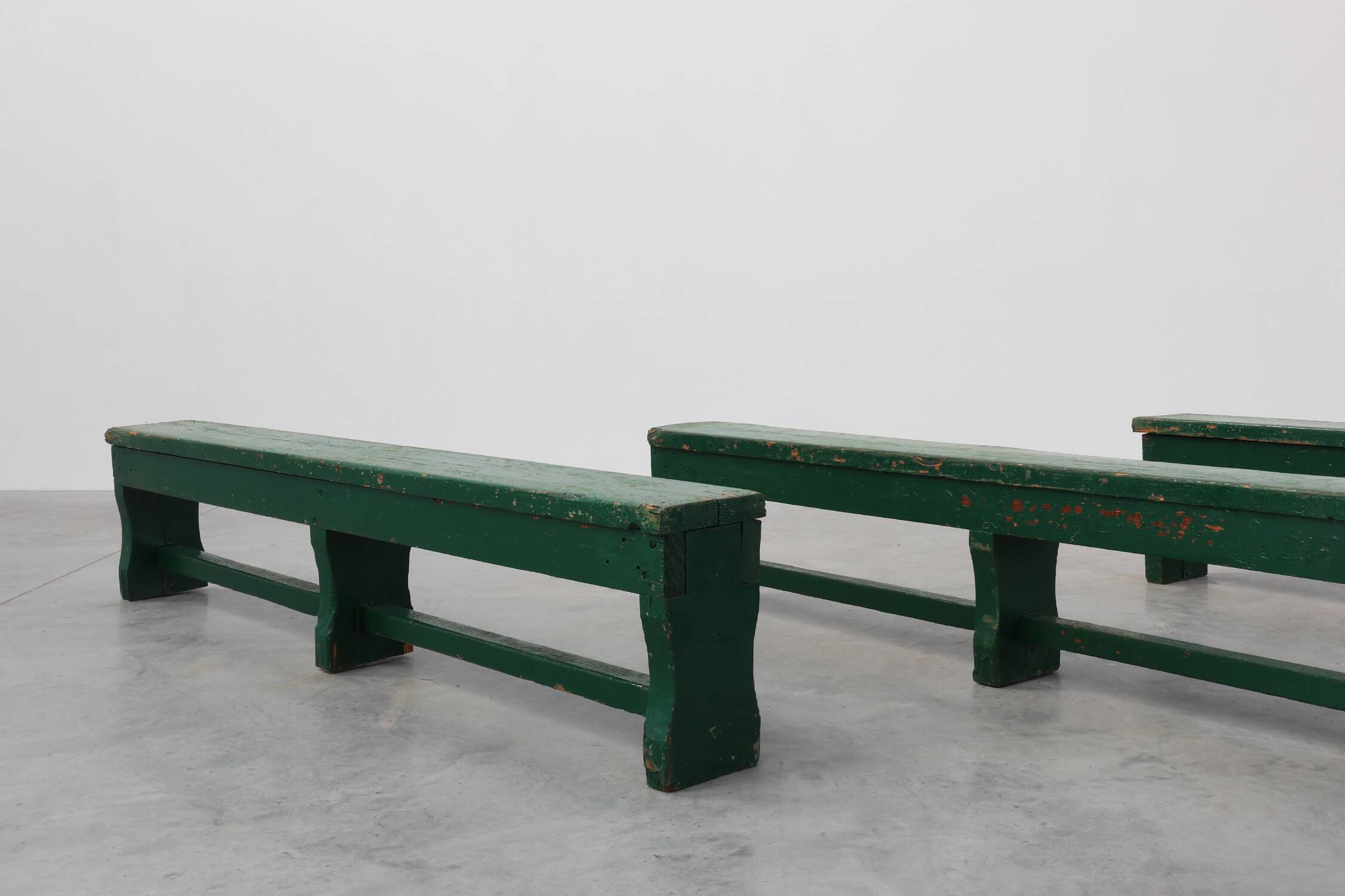 Rustic primitive green farmhouse bench in solid oak, France ca. 1900