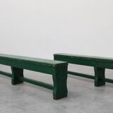 Rustic primitive green farmhouse bench in solid oak, France ca. 1900