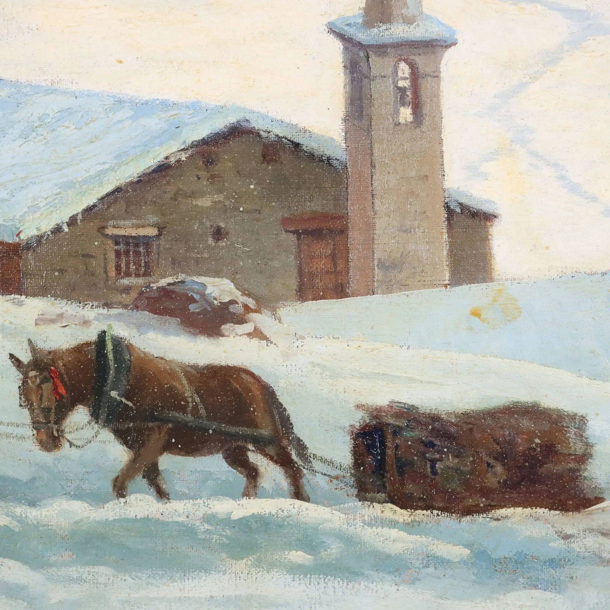 Peinture ancienne Leonardo Roda paysage d’hiver XIXe siècle