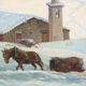 Ancient painting by Leonardo Roda, winter landscape, 19th century.