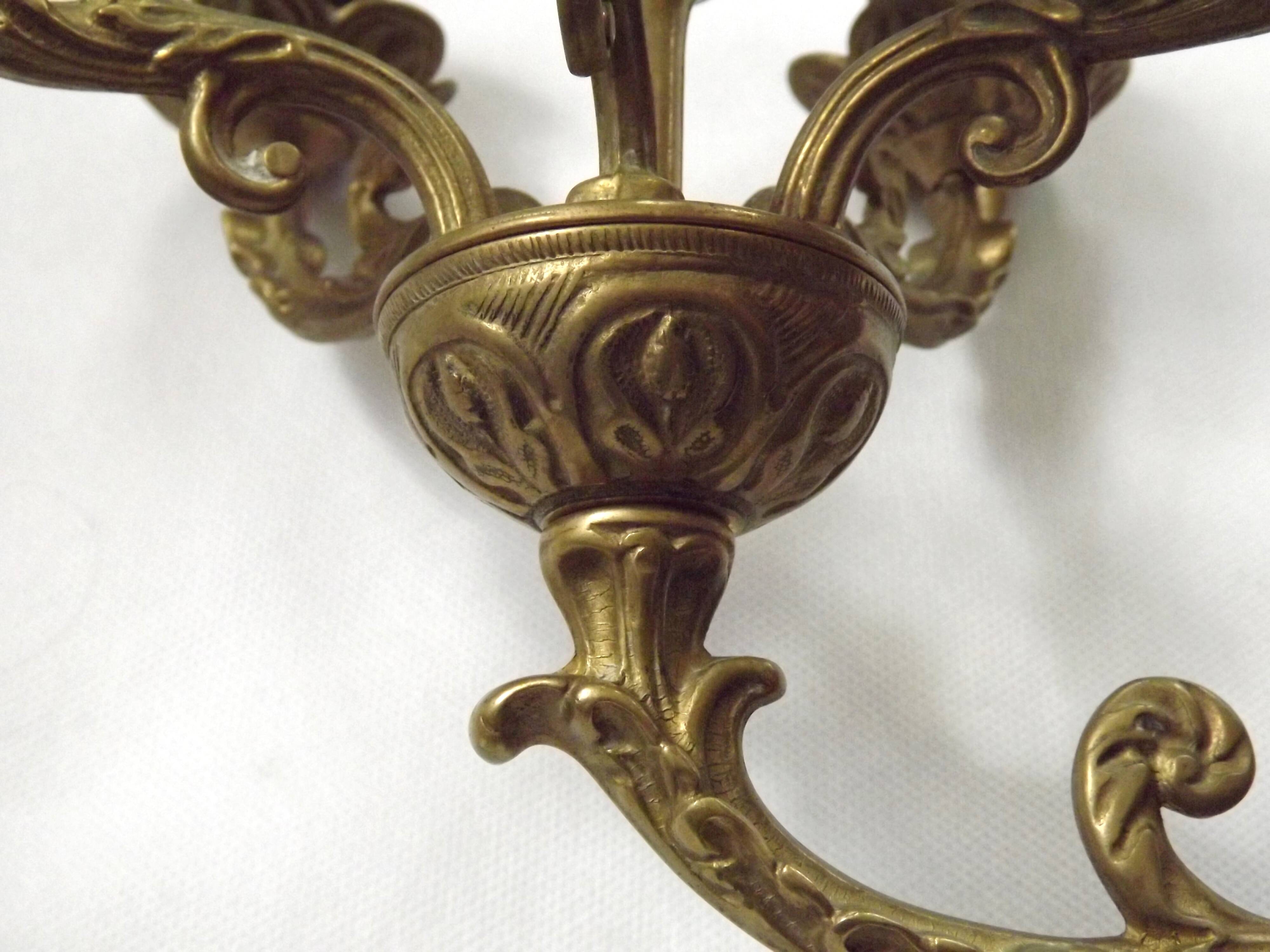 Pair Early 20th Century Rococo Revival Brass 5 Light Candle Wall Sconces