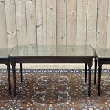 English nesting tables in mahogany and leather top under glass - work from the 1950s