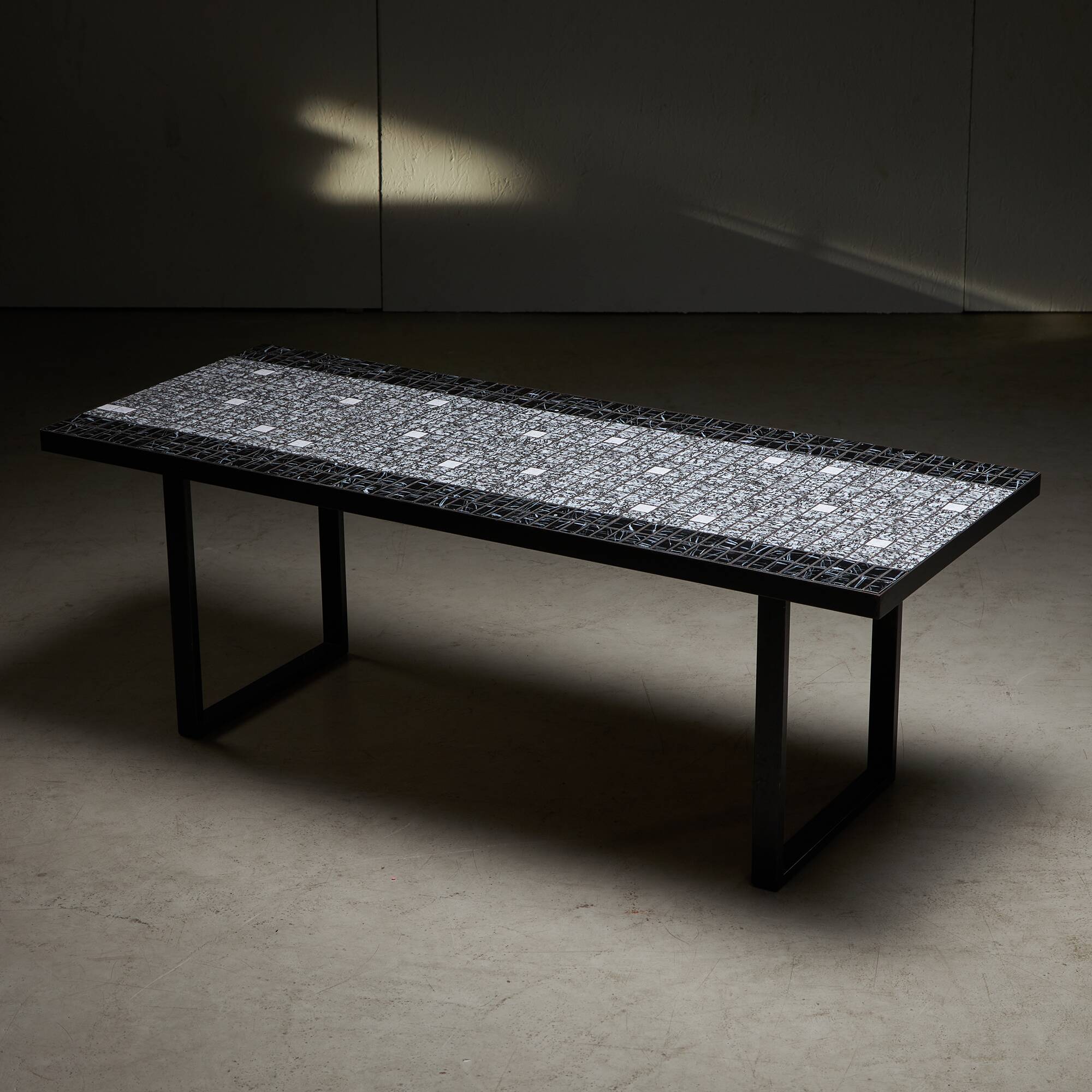 Italian Coffee Table on Flat Metal Frame with Black and White Mosaic Top, 1980s