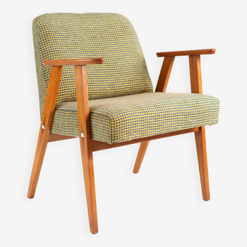 Fauteuil vintage marron à carreaux, tissu velours, bois massif années 60 / 70