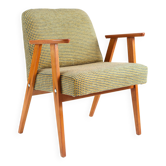 Fauteuil vintage marron à carreaux, tissu velours, bois massif années 60 / 70