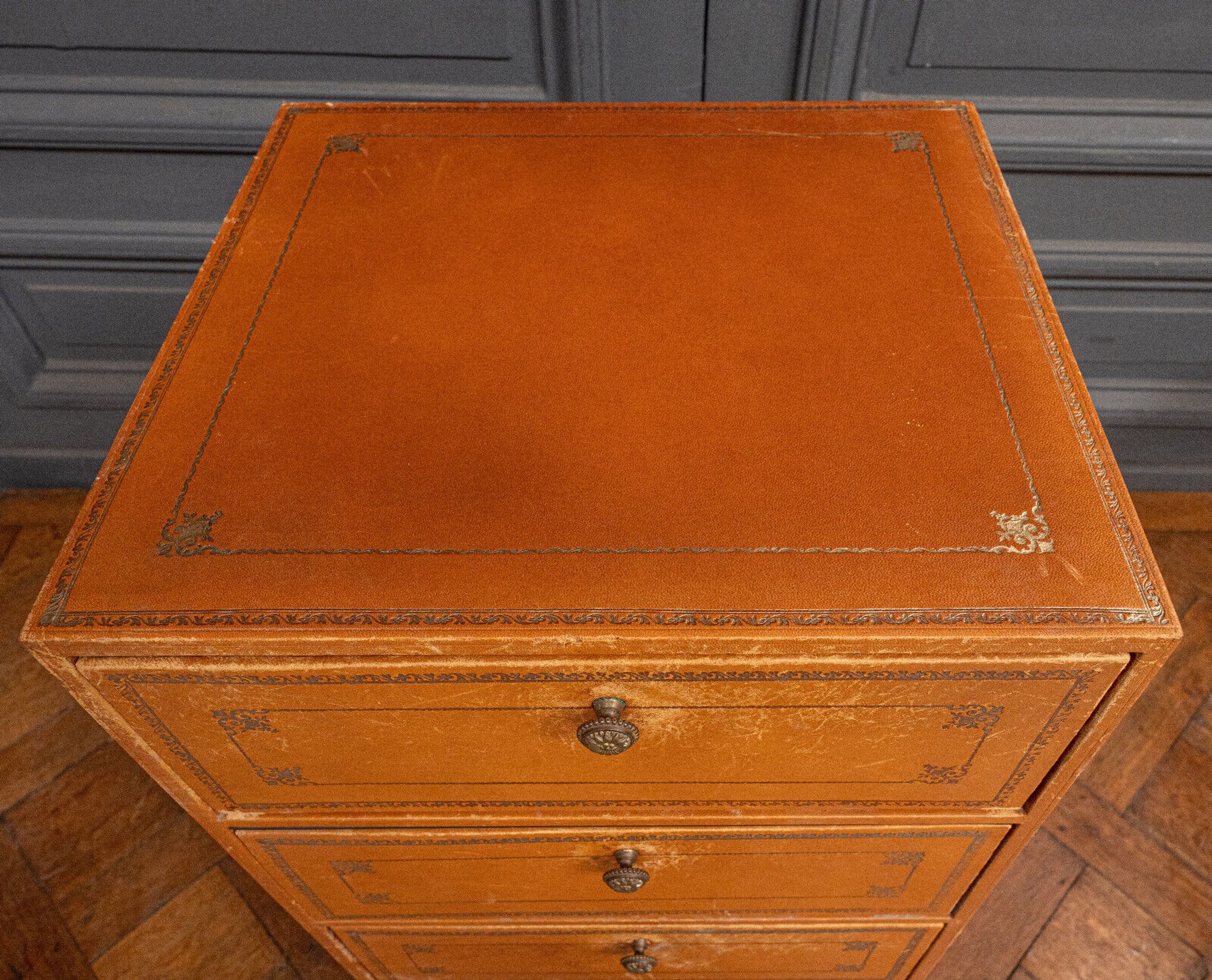Furniture Cardboard chiffonnier leather patina fawn struck with iron 5 drawers