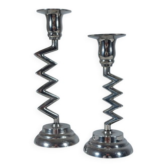 Pair of vintage zigzag decor memphis style chrome candleholders