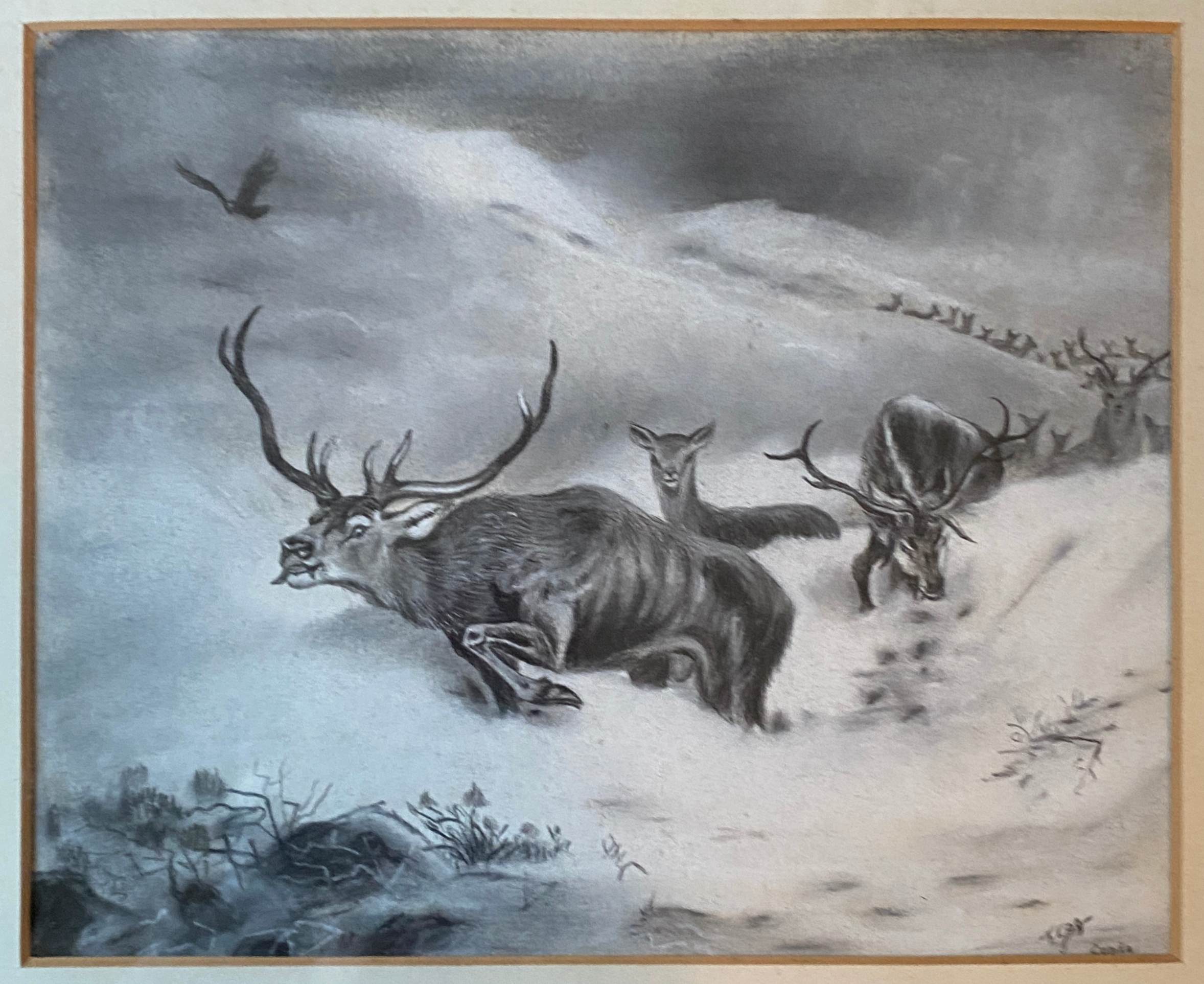 Painting Drawing "Deer in the snow" circa 1910 Gallery New York