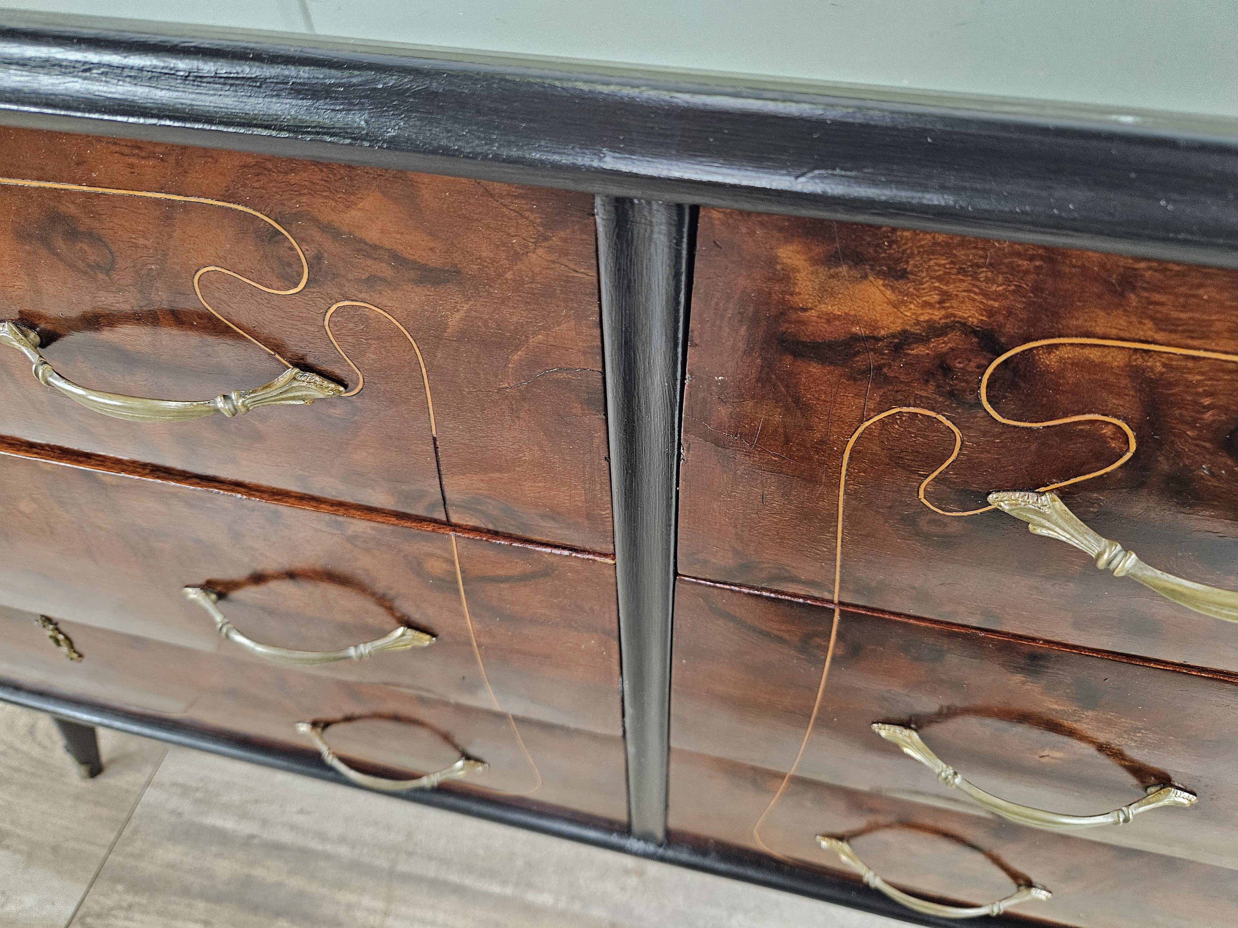 1960s chest of drawers in mahogany and lacquered mahogany with blue glass