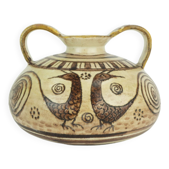Vase en céramique italien à double poignée du milieu du siècle signé Vitali fait à la main dans les années 1970