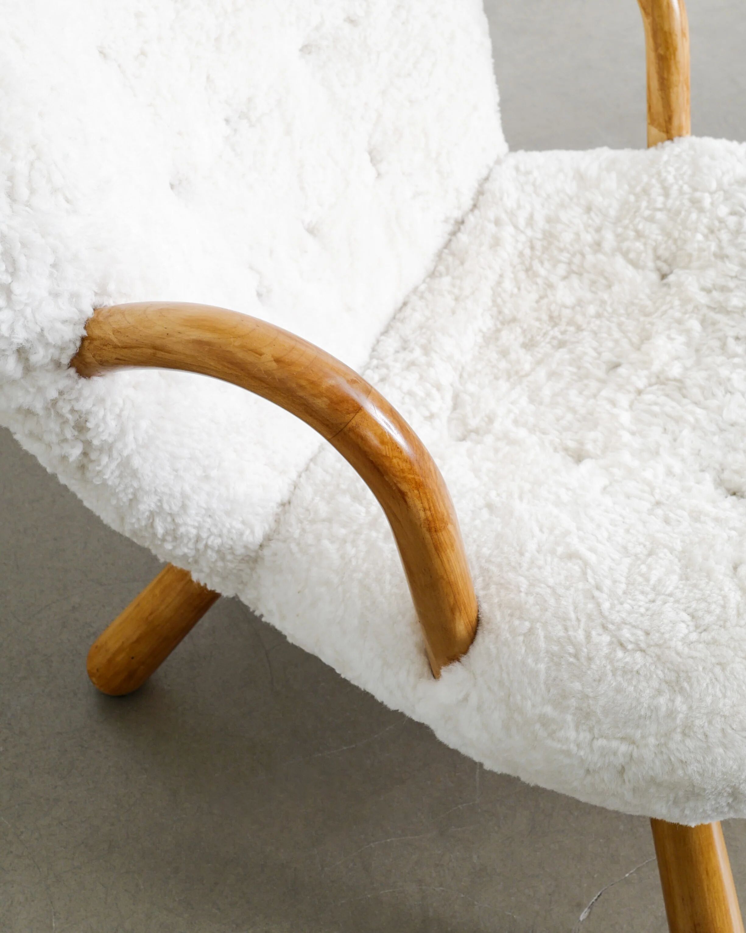 DANISH "CLAM CHAIR" BY ARNOLD MADSEN IN WHITE SHEEPSKIN, 1940s
