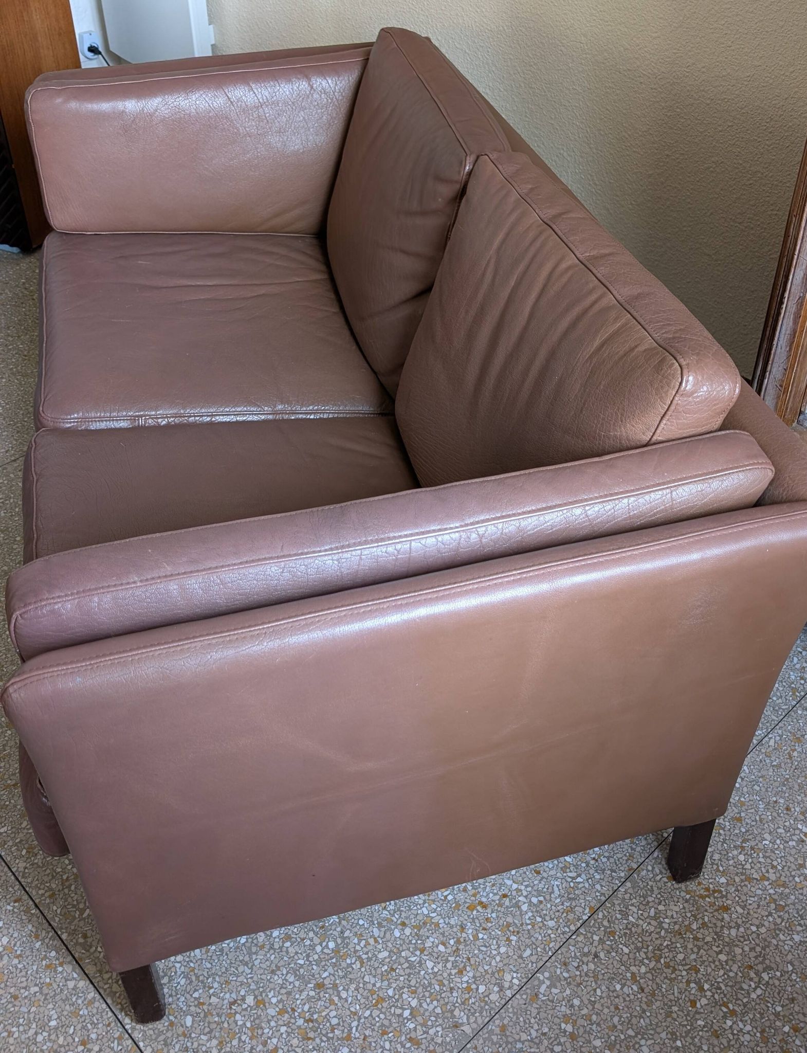 Brown leather Scandinavian two-seater sofa