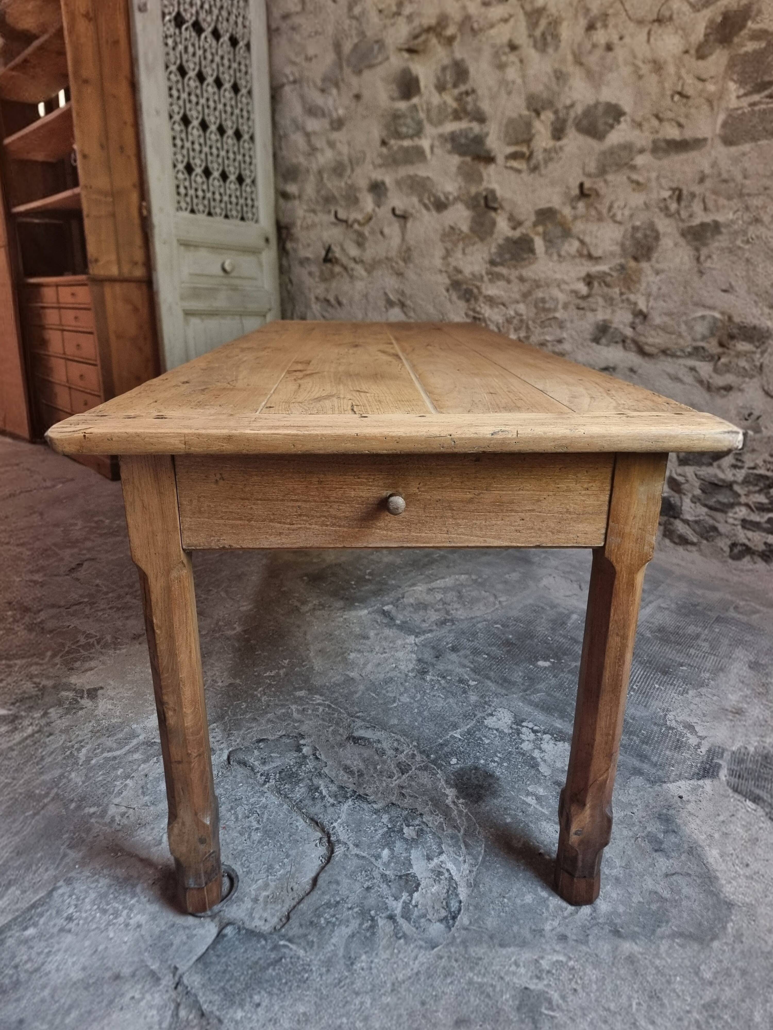 Old farmhouse dining table, rustic kitchen, poplar top, chestnut base, two drawers, 1800–1850.