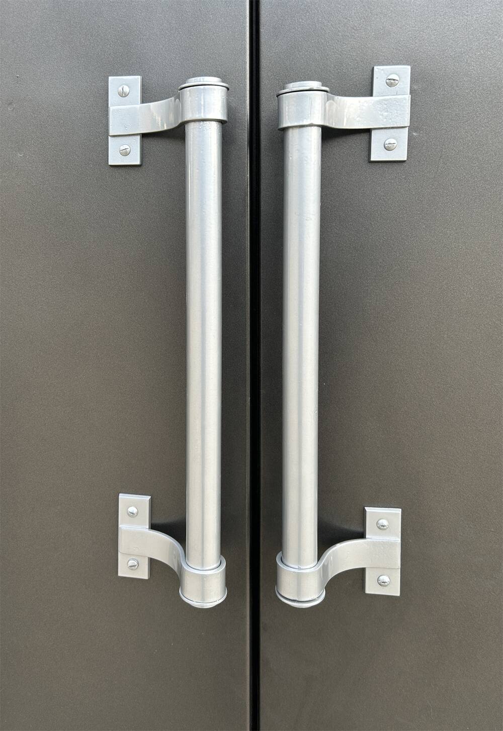 Metal kitchen cabinet, aluminum marshal's baton handles; 1950s