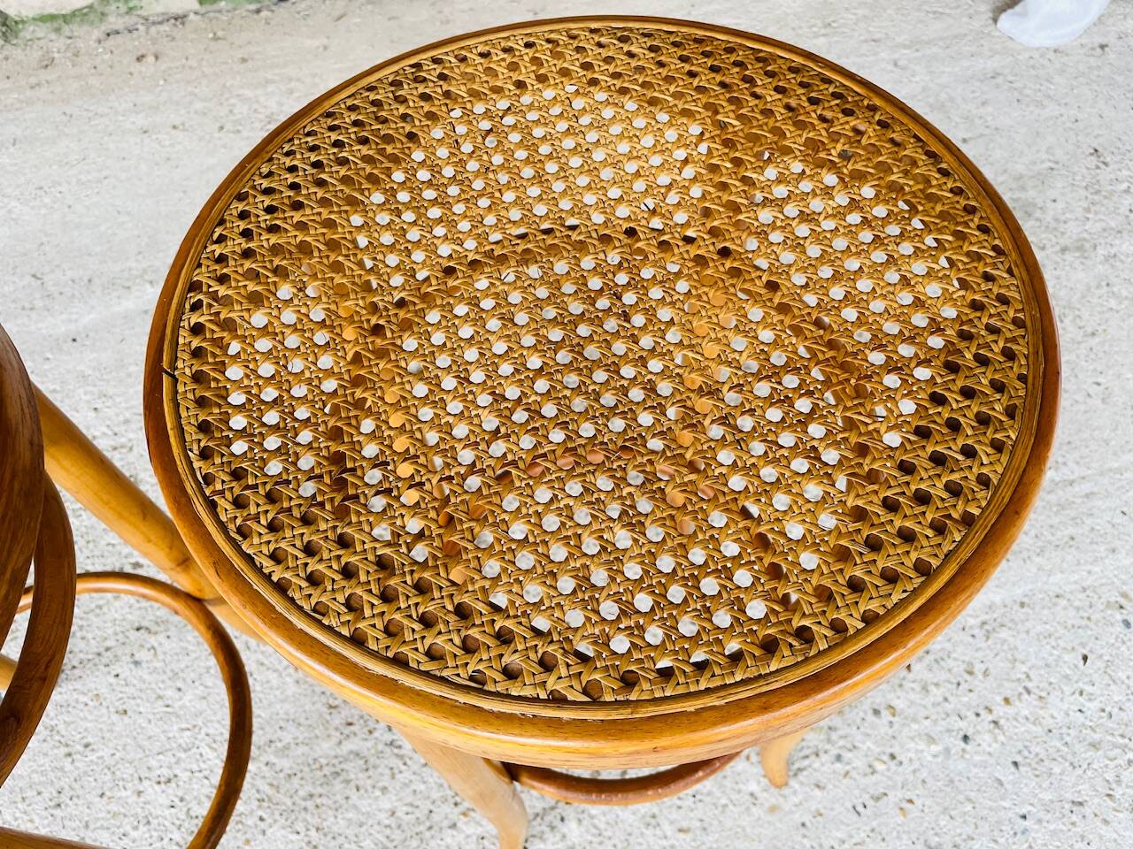 Pair of vintage bar stools, curved wood and cane
