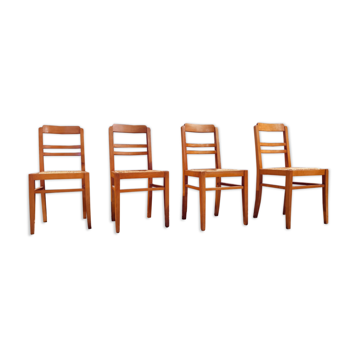 Set of 4 straw and wood chairs