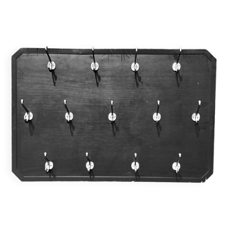 Large vintage wall-mounted coat rack in black painted wood - 13 hooks