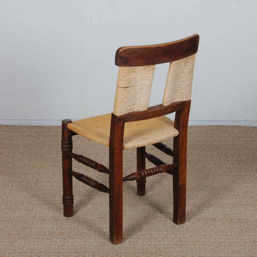 Set of 4 wooden chairs with rush seats, French work, 1940.