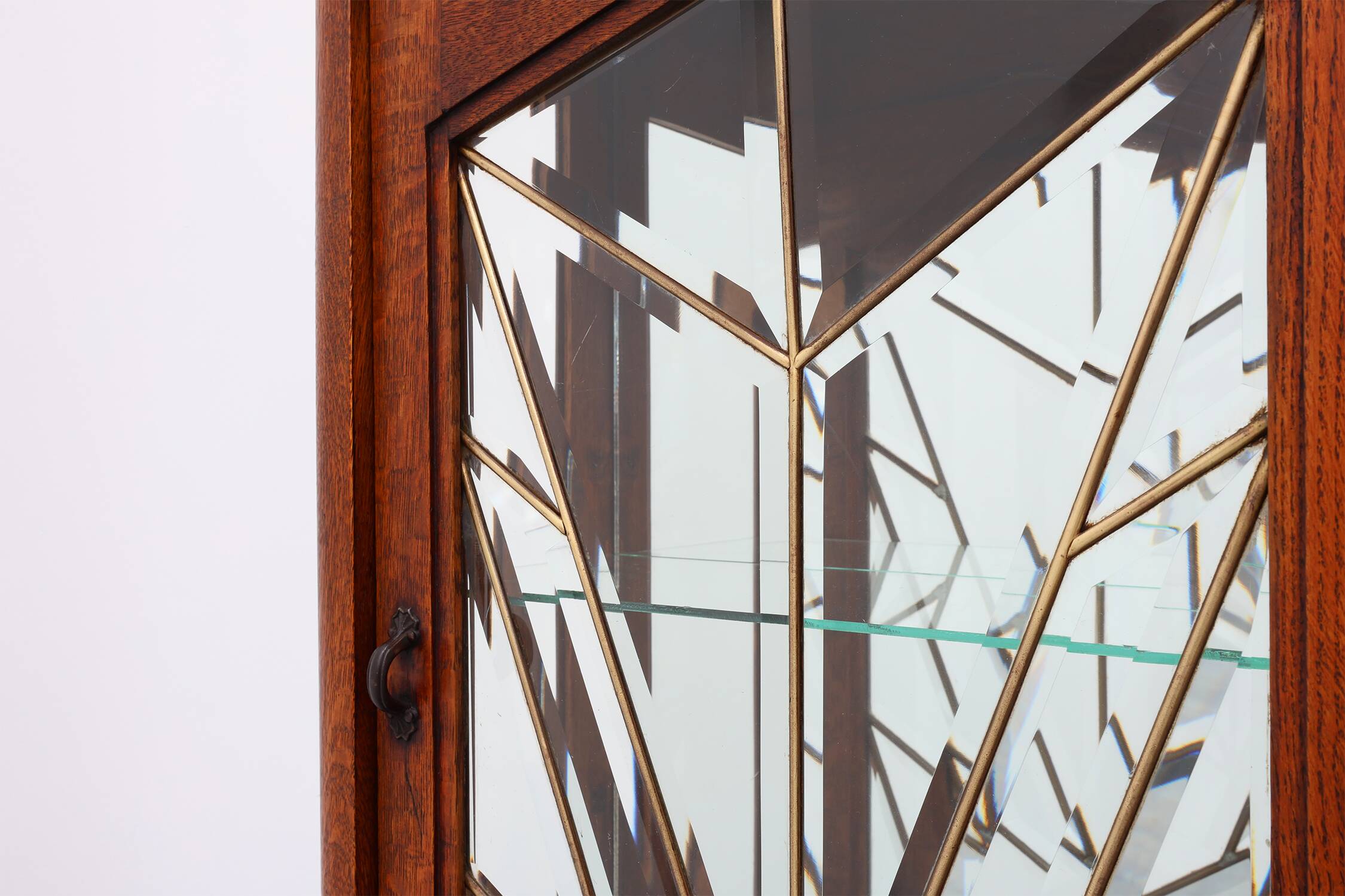 French Art Deco Oak Cabinet with Beveled Leaded Glass, ca. 1920