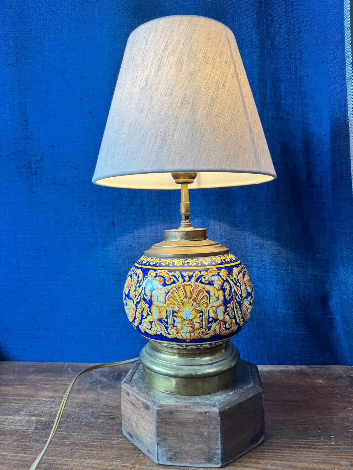 Gien lamp – blue earthenware and brass – early 20th century