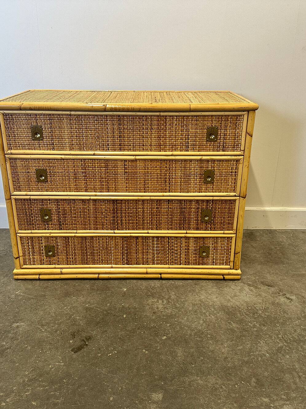Midcentury bamboo, rattan and brass chest of drawers by Dal Vera, Italy, 1970s