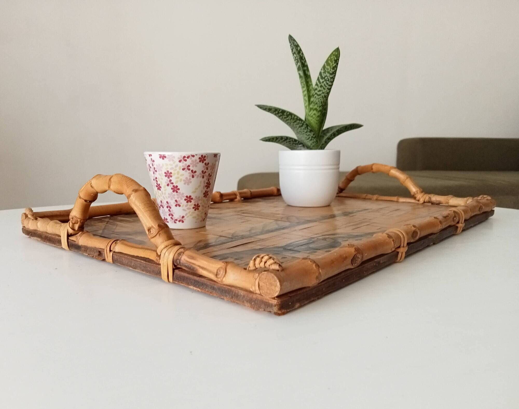 Vintage serving dish in bamboo and rattan Diamond Head Hawaii Tiki 60's