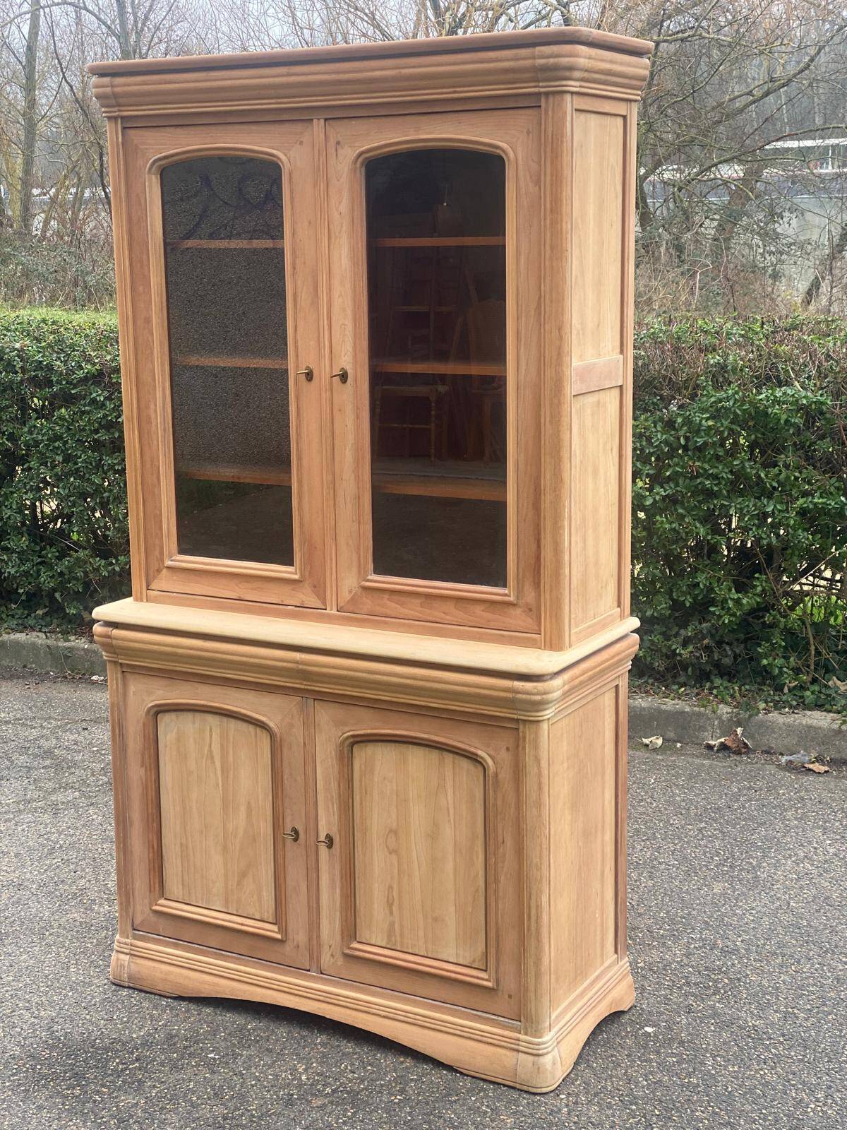 Louis Philippe 2-body sideboard renovated in raw wood with 2 glass doors
