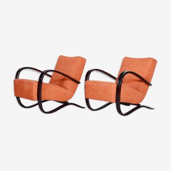 Pair of salmon H-269 armchairs designed by Halabala for UP zavody